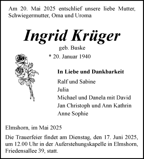 Traueranzeige von Ingrid Krüger von Elmshorner Nachrichten, Barmstedter Zeitung