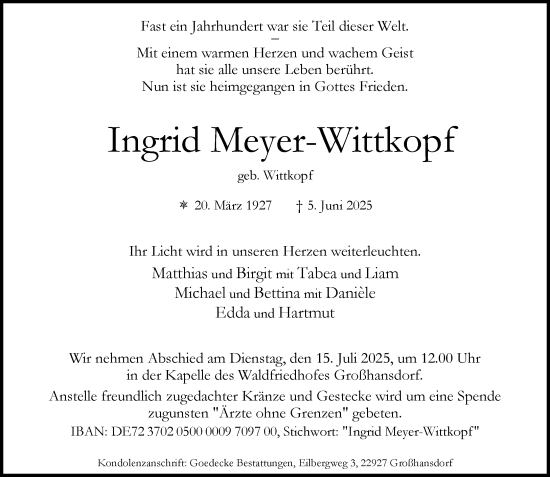 Traueranzeige von Ingrid Meyer-Wittkopf von MARKT Ahrensburg/Bargteheide/Trittau und Stormarner Tageblatt