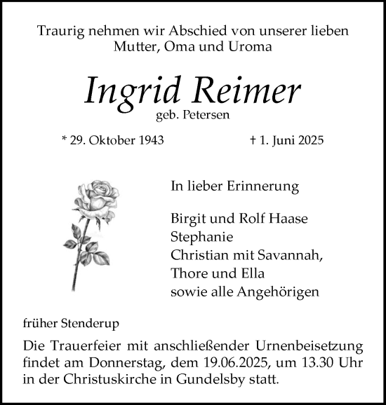 Traueranzeige von Ingrid Reimer von Flensburger Tageblatt