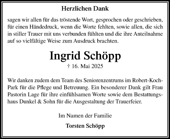 Traueranzeige von Ingrid Schöpp von MARKT Ratzeburg/Mölln