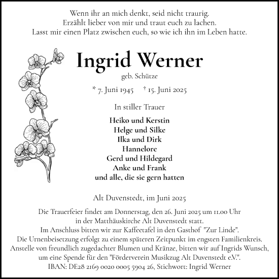 Traueranzeige von Ingrid Werner von Schleswig-Holsteinische Landeszeitung