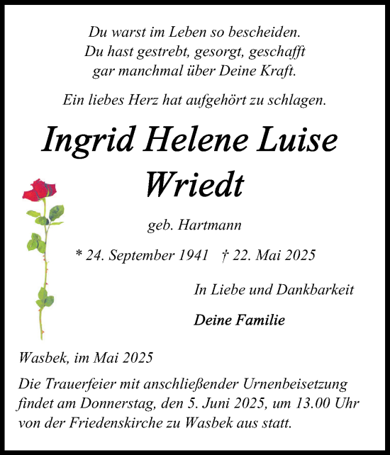 Traueranzeige von Ingrid Helene Luise Wriedt von Holsteinischer Courier