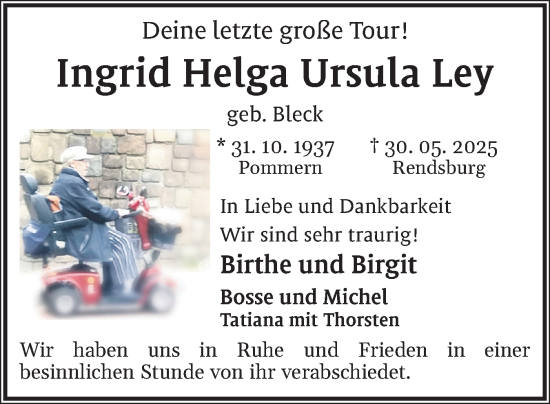 Traueranzeige von Ingrid Helga Ursula Ley von Schleswig-Holsteinische Landeszeitung