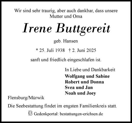 Traueranzeige von Irene Buttgereit von Flensburger Tageblatt