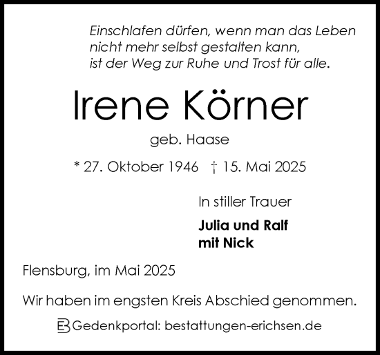 Traueranzeige von Irene Körner von Flensburger Tageblatt