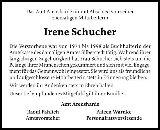 Traueranzeige von Irene Schucher von Schleswiger Nachrichten, Schlei-Bote