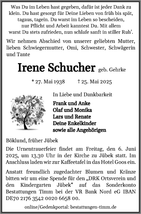 Traueranzeige von Irene Schucher von Schleswiger Nachrichten, Schlei-Bote