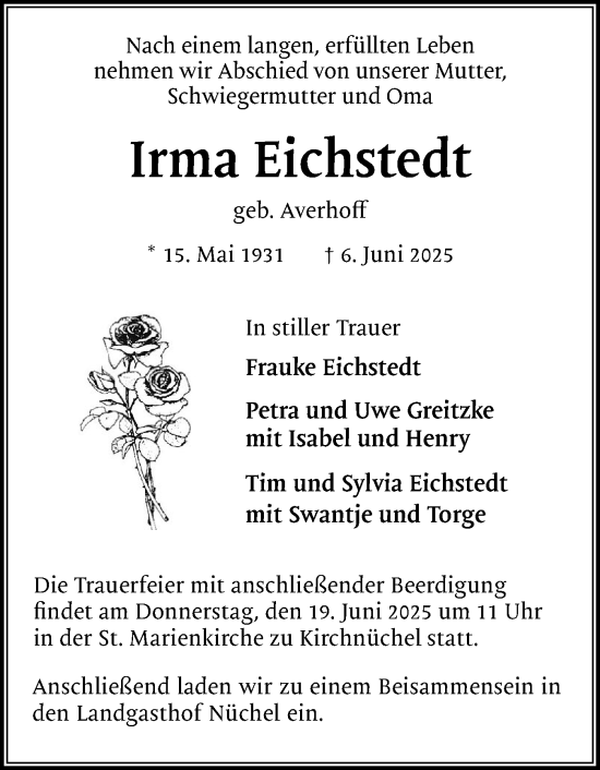 Traueranzeige von Irma Eichstedt von Ostholsteiner Anzeiger