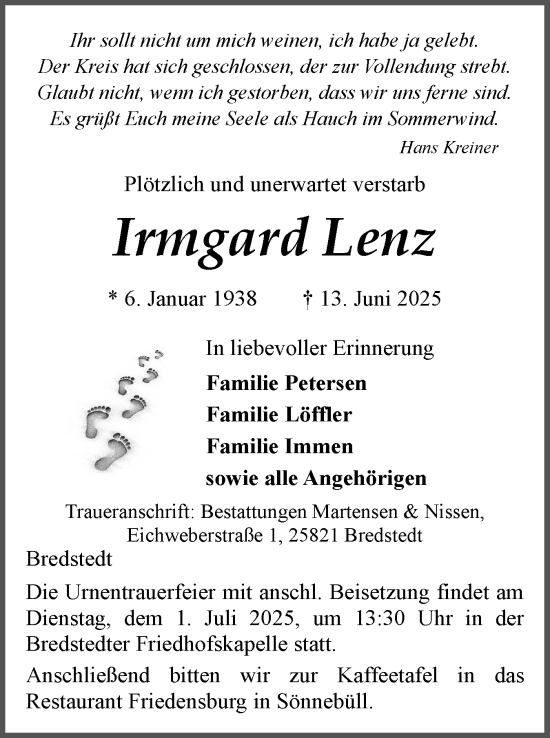 Traueranzeige von Irmgard Lenz von Husumer Nachrichten, Nordfriesland Tageblatt