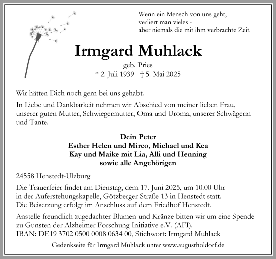Traueranzeige von Irmgard Muhlack von Umschau