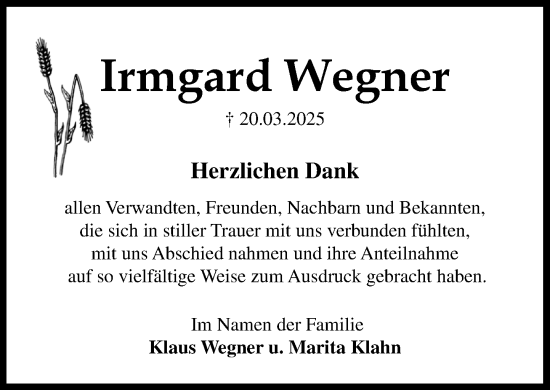Traueranzeige von Irmgard Wegner von MARKT Ratzeburg/Mölln