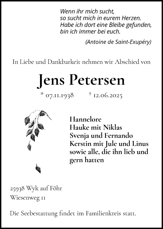 Traueranzeige von Jens Petersen von Der Insel-Bote