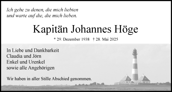 Traueranzeige von Johannes Höge von Uetersener Nachrichten, Der tip am Wochenende