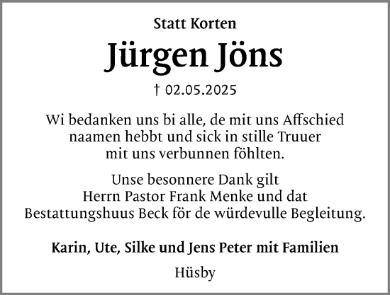 Traueranzeige von Jürgen Jöns von Schleswiger Nachrichten, Schlei-Bote