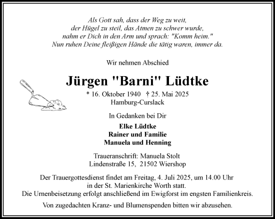 Traueranzeige von Jürgen Lüdtke von Wochenend Anzeiger