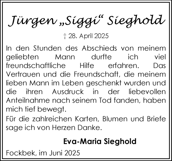 Traueranzeige von Jürgen Sieghold von Schleswig-Holsteinische Landeszeitung