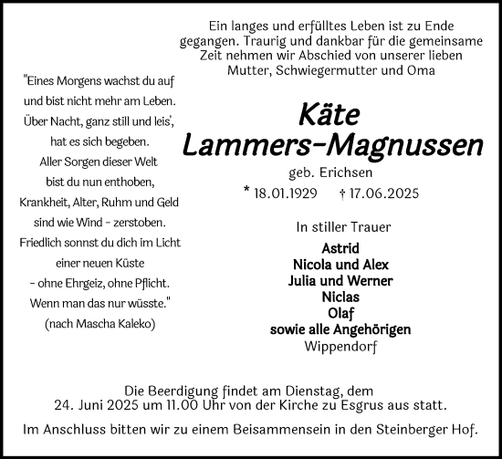 Traueranzeige von Käte Lammers-Magnussen von Flensburger Tageblatt