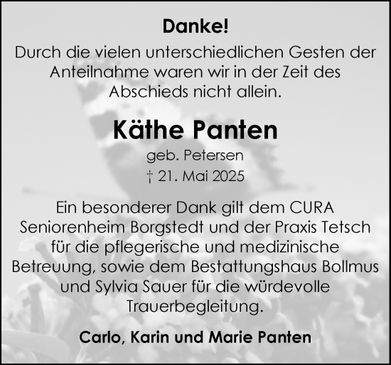 Traueranzeige von Käthe Panten von Schleswig-Holsteinische Landeszeitung