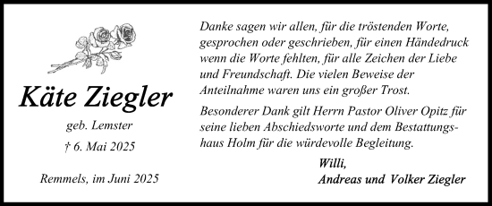 Traueranzeige von Käthe Ziegler von Schleswig-Holsteinische Landeszeitung