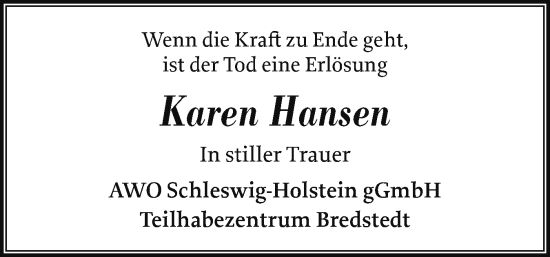 Traueranzeige von Karen Hansen von Husumer Nachrichten, Nordfriesland Tageblatt