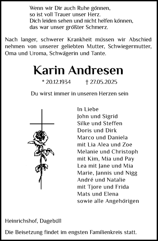 Traueranzeige von Karin Andresen von Der Insel-Bote