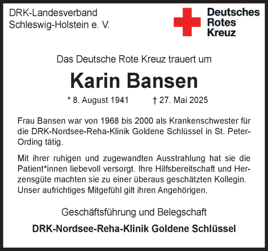 Traueranzeige von Karin Bansen von Husumer Nachrichten, Nordfriesland Tageblatt