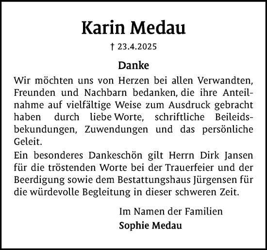 Traueranzeige von Karin Medau von Schleswiger Nachrichten, Schlei-Bote
