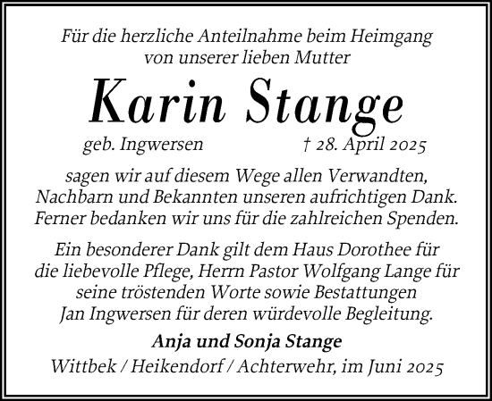 Traueranzeige von Karin Stange von Husumer Nachrichten, Nordfriesland Tageblatt
