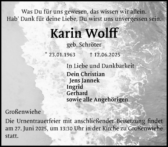 Traueranzeige von Karin Wolff von Flensburger Tageblatt