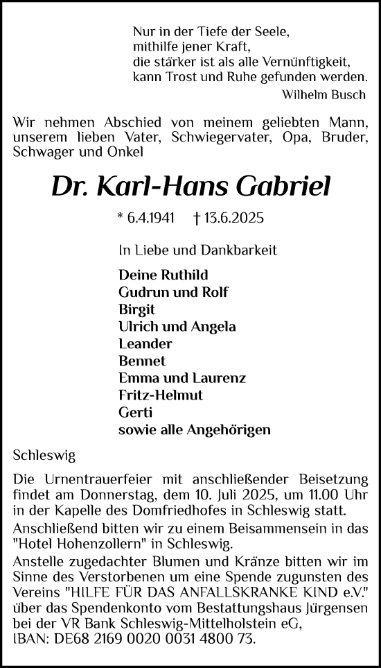Traueranzeige von Karl-Hans Gabriel von Schleswiger Nachrichten, Schlei-Bote