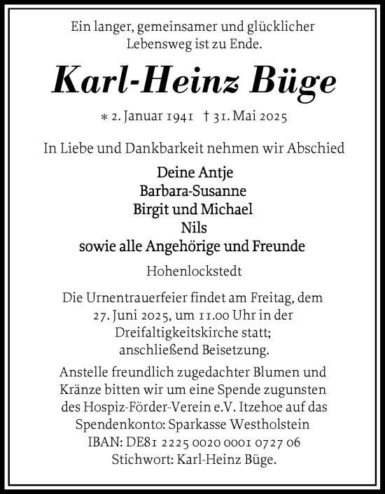 Traueranzeige von Karl-Heinz Büge von Norddeutsche Rundschau, Wilstersche Zeitung, Glückstädter Fortuna