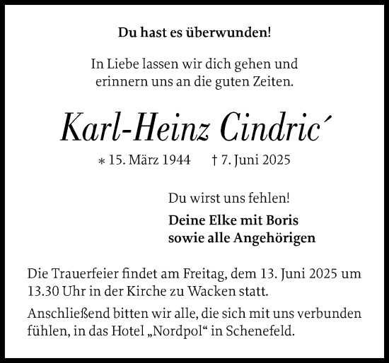 Traueranzeige von Karl-Heinz Cindric von Norddeutsche Rundschau, Wilstersche Zeitung, Glückstädter Fortuna