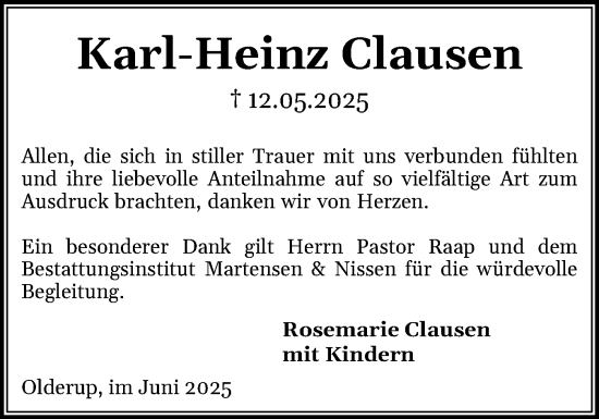 Traueranzeige von Karl-Heinz Clausen von Husumer Nachrichten, Nordfriesland Tageblatt