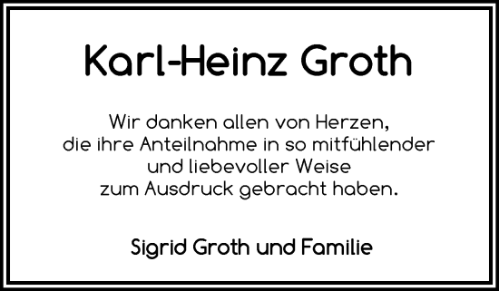 Traueranzeige von Karl-Heinz Groth von Eckernförder Zeitung, Hallo Eckernförde