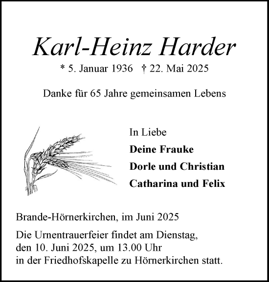 Traueranzeige von Karl-Heinz Harder von Elmshorner Nachrichten, Barmstedter Zeitung