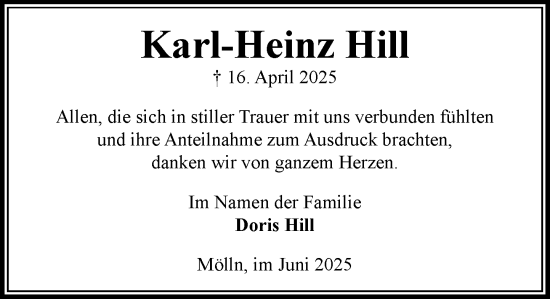 Traueranzeige von Karl-Heinz Hill von MARKT Ratzeburg/Mölln