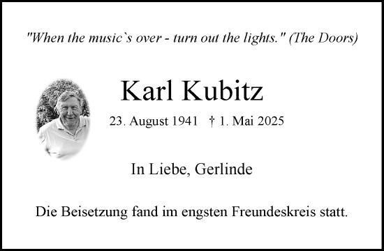 Traueranzeige von Karl Kubitz von MARKT Ratzeburg/Mölln