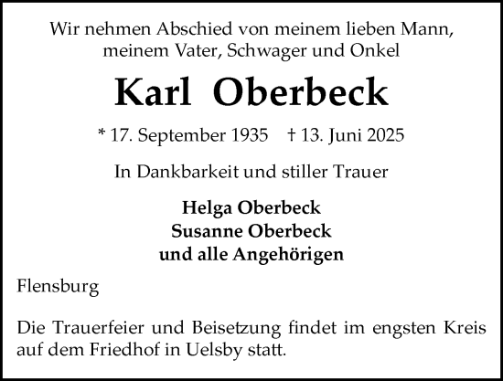 Traueranzeige von Karl Oberbeck von Flensburger Tageblatt