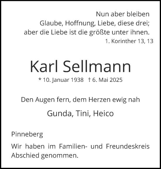Traueranzeige von Karl Sellmann von Region Pinneberg und tip Pinneberg