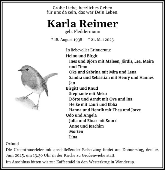 Traueranzeige von Karla Reimer von Region Flensburg