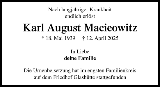 Traueranzeige von Karl August Macieowitz von Heimatspiegel