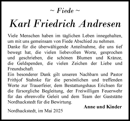 Traueranzeige von Karl Friedrich Andresen von Region Flensburg