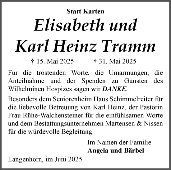 Traueranzeige von Karl Heinz Tramm von Husumer Nachrichten, Nordfriesland Tageblatt