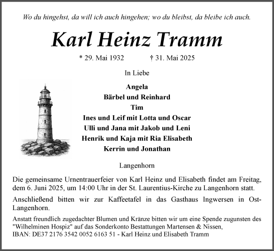 Traueranzeige von Karl Heinz Tramm von Husumer Nachrichten, Nordfriesland Tageblatt