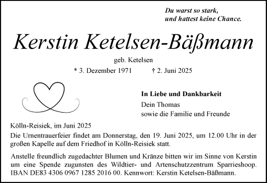 Traueranzeige von Kerstin Ketelsen-Bäßmann von Elmshorner Nachrichten, Barmstedter Zeitung