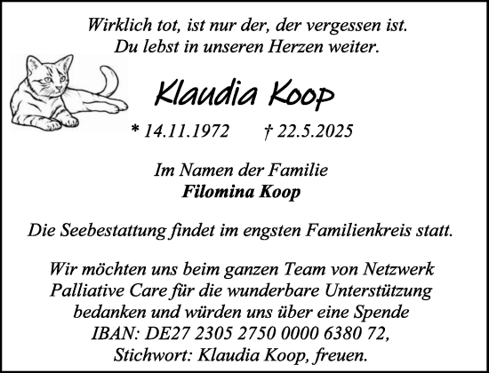 Traueranzeige von Klaudia Koop von MARKT Ratzeburg/Mölln
