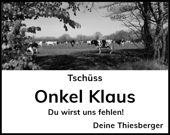Traueranzeige von Klaus  von Schleswig-Holsteinische Landeszeitung