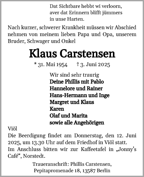Traueranzeige von Klaus Carstensen von Husumer Nachrichten, Nordfriesland Tageblatt