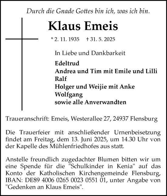Traueranzeige von Klaus Emeis von Flensburger Tageblatt