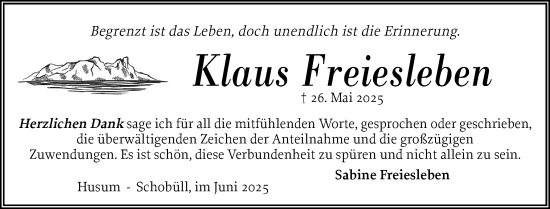 Traueranzeige von Klaus Freiesleben von Husumer Nachrichten, Nordfriesland Tageblatt